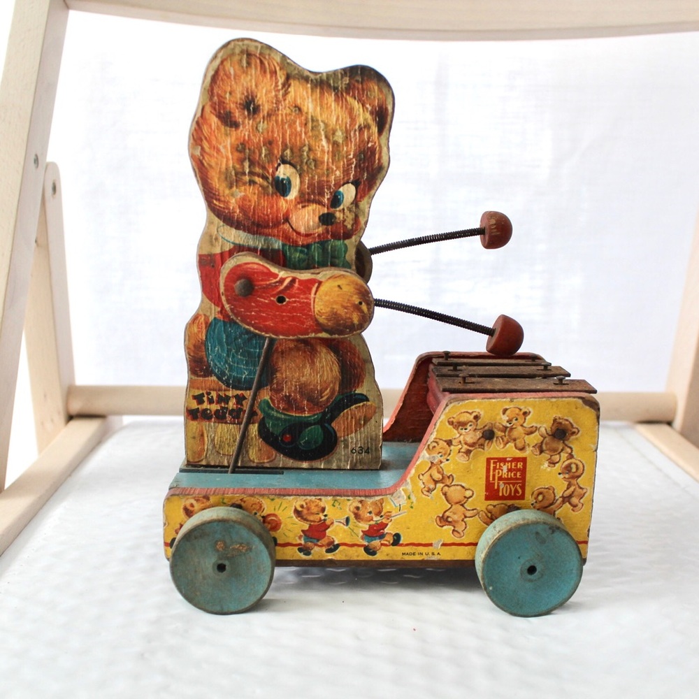 1955 Fisher-Price Tiny Teddy #634 Pull Toy